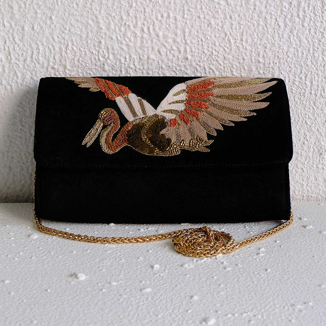 Handmade Embroidered Chloe Bird Design Velvet Sling Bag
