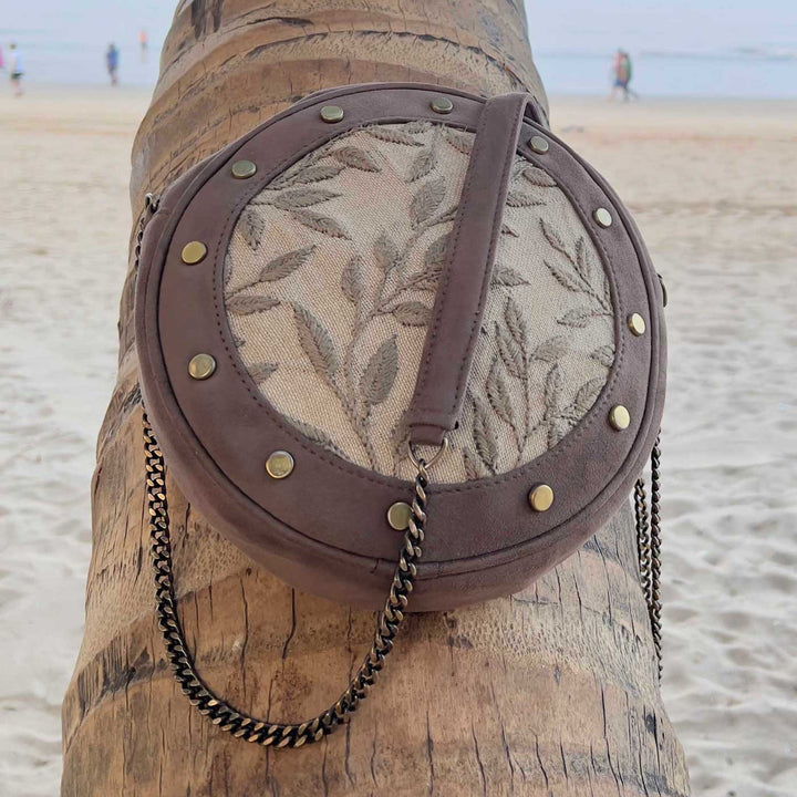 Personalized Embroidered Leafy Gray Round Sling Bag