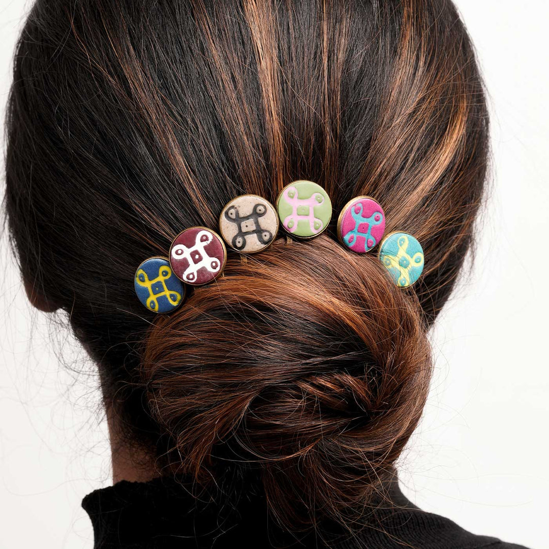 Handmade Polymer Clay Charukesi Kolam Hair Pins | Set Of 2