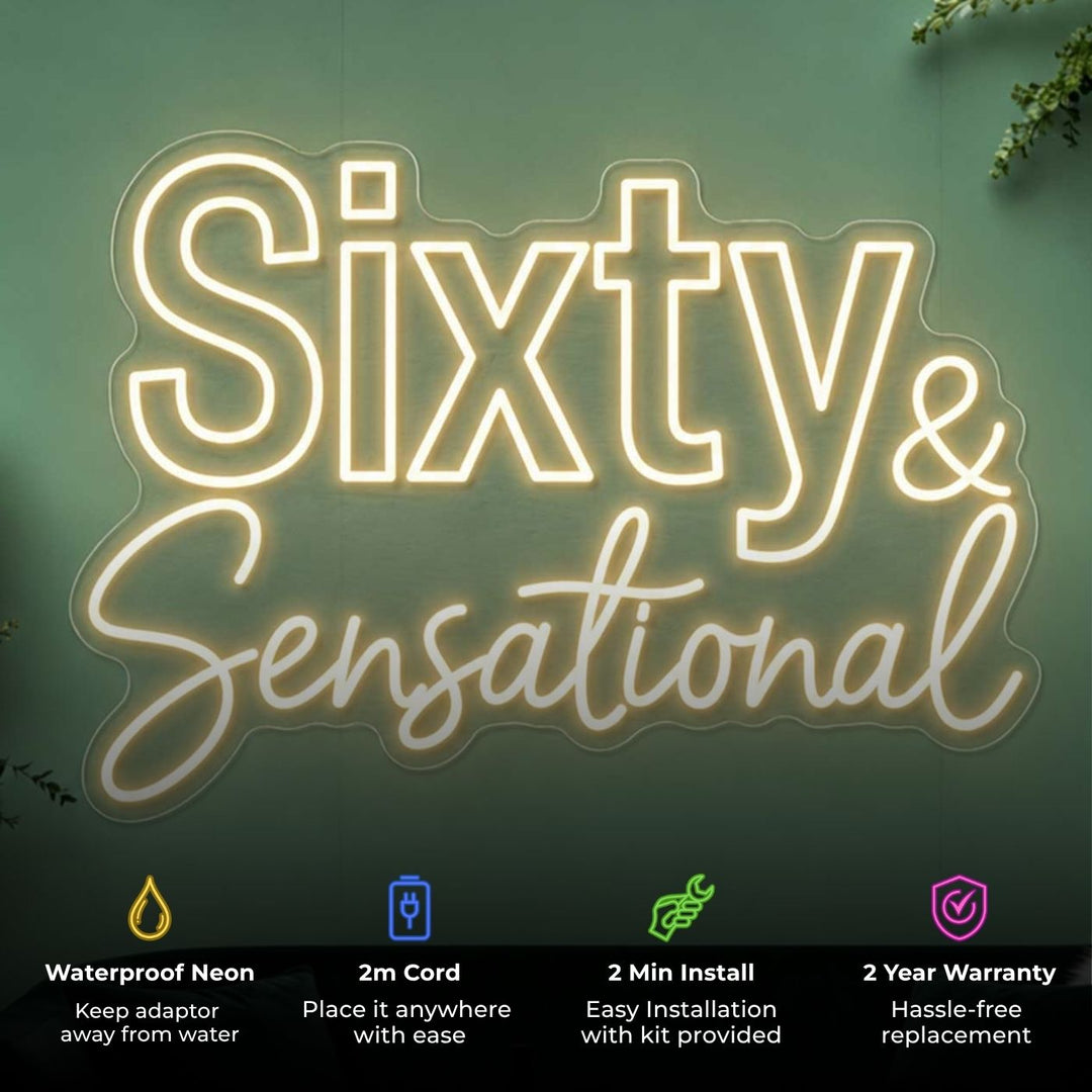 Personalized Handmade "Sixty & Sensational" Neon Light Sign Board For 60th Birthday Decor