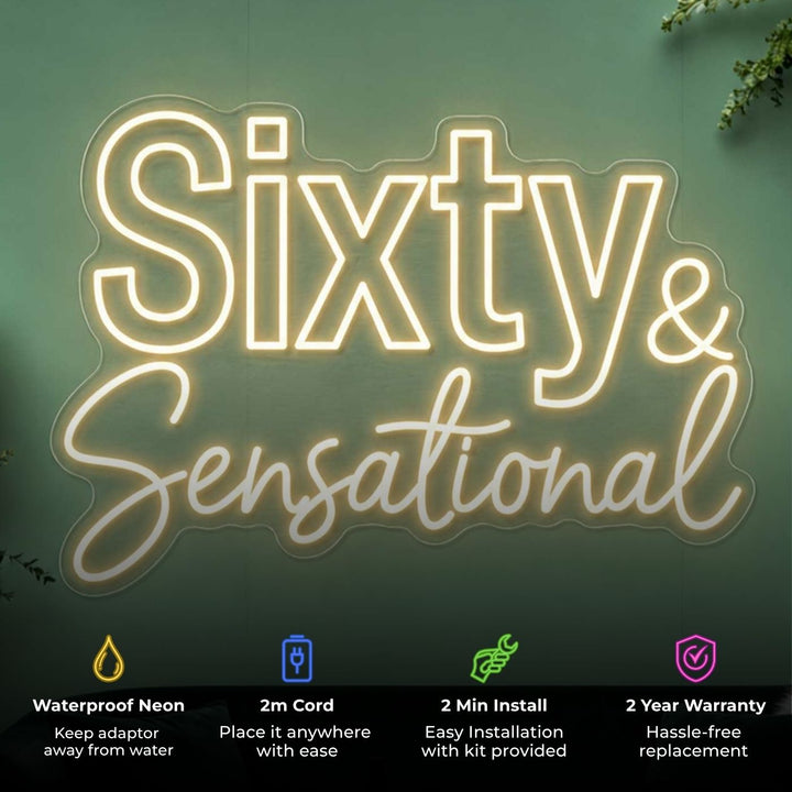 Personalized Handmade "Sixty & Sensational" Neon Light Sign Board For 60th Birthday Decor