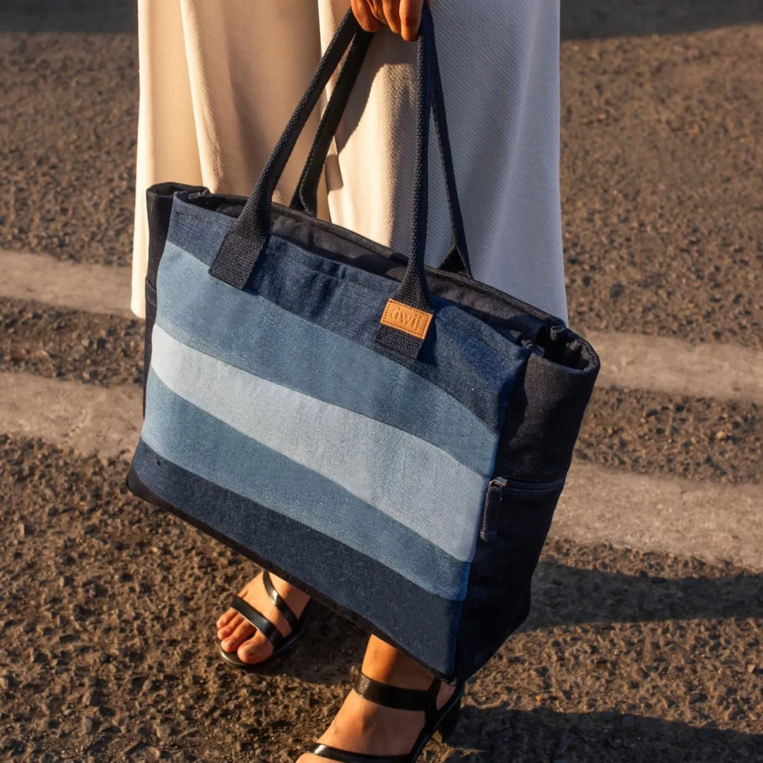 Upcycled Striped Denim Eco-Friendly Laptop Tote Bag