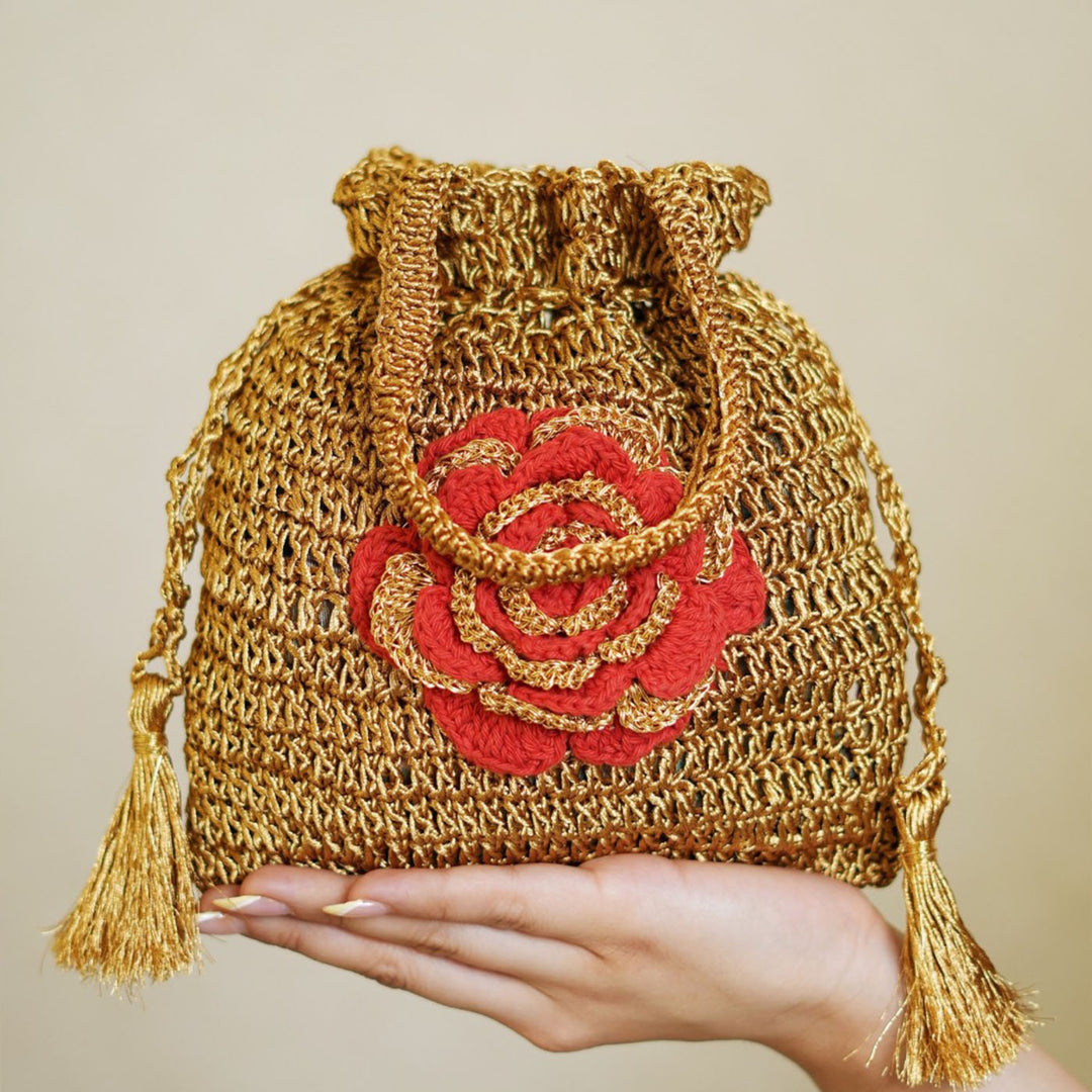 Handmade Crochet Floral Golden Potli