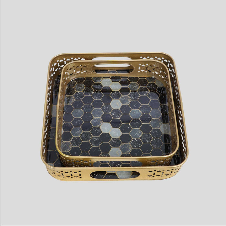 Handmade Black & Grey Blocks Meena Tray | Set Of 2