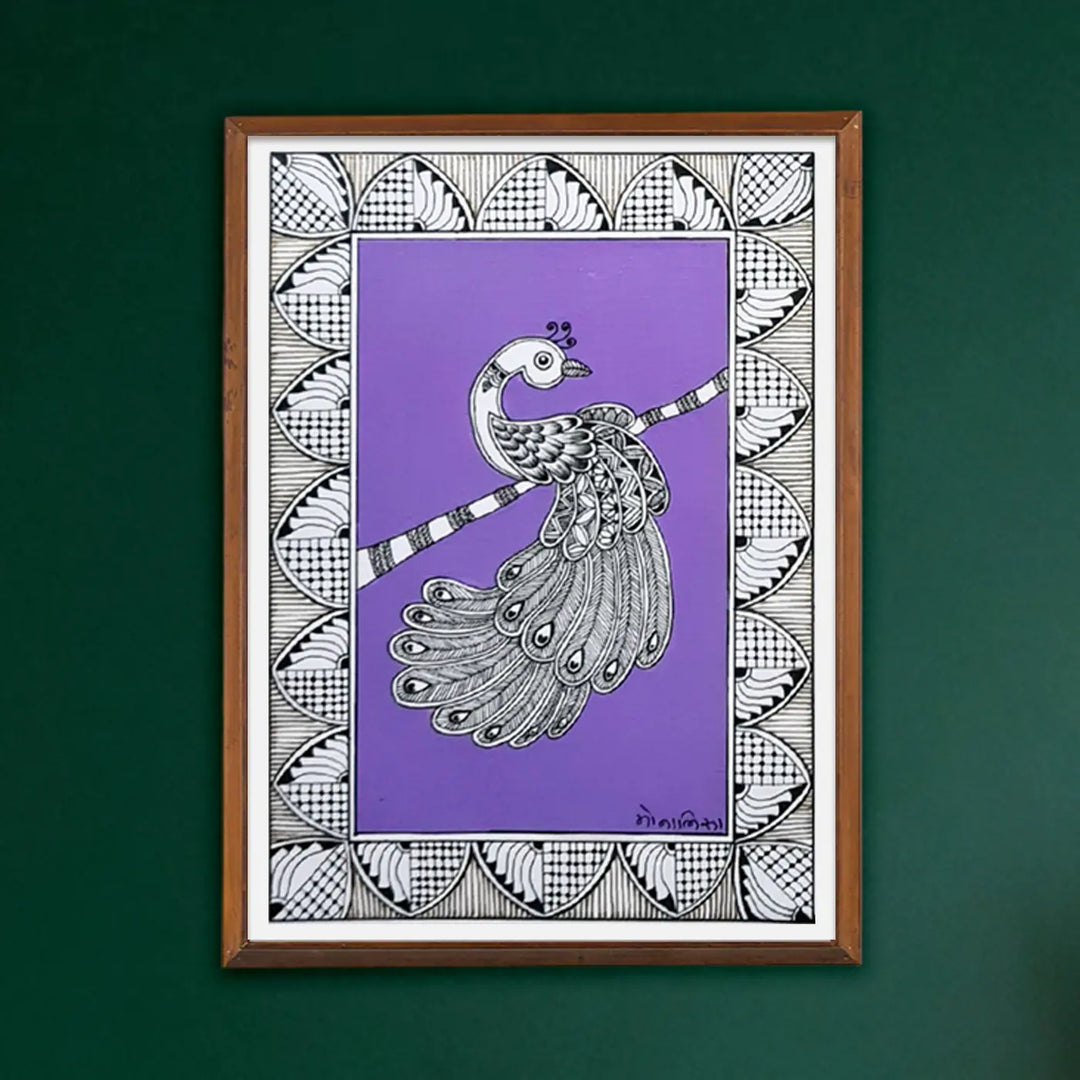 8 x 5 Inch | Peacock In Four Frames | Original Hand Painted Madhubani Painting On Paper