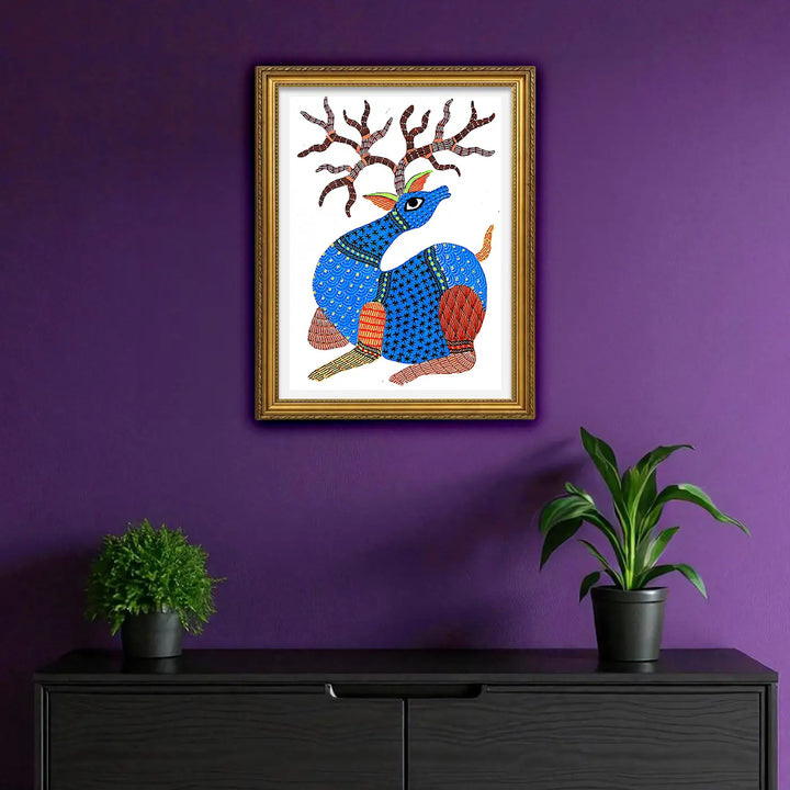 6 x 8 Inch | Blue Deer | Original Hand painted Tribal Gond Art Painting | Acrylic Paints On Paper