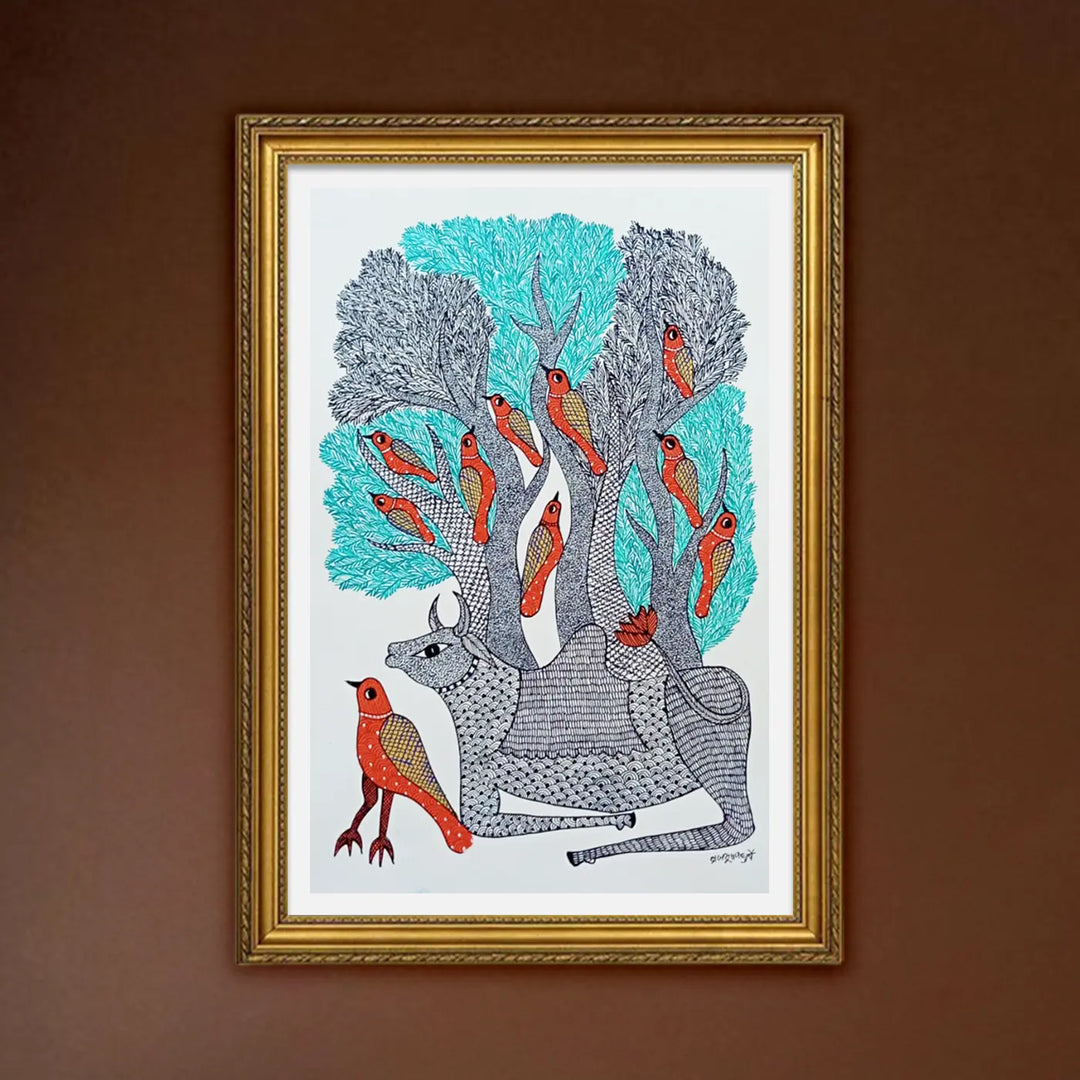 16 x 23 Inch | Bull & Bird| Original Hand Painted Tribal Gond Art Painting | Acrylic Paint On Paper