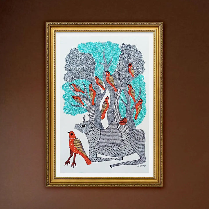 16 x 23 Inch | Bull & Bird| Original Hand Painted Tribal Gond Art Painting | Acrylic Paint On Paper