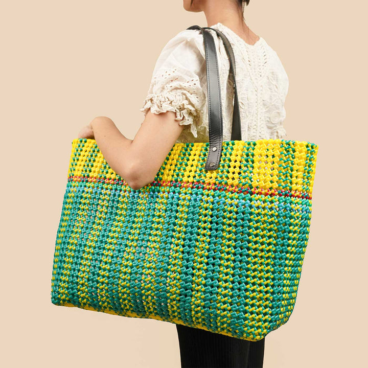 Green And Yellow Stripes Mukhya Knot Handmade Koodai Beach Bag