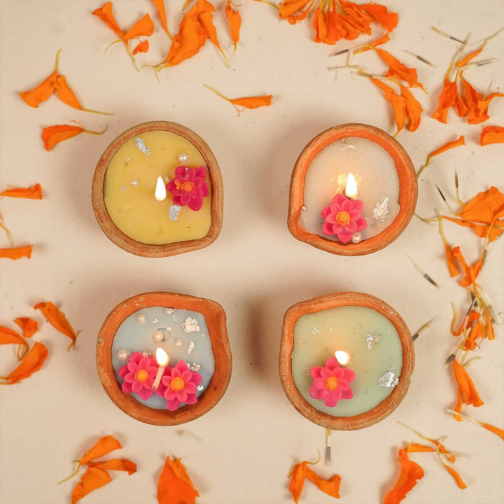 Handmade Multicolor Floral Soy Wax Terracotta Diyas | Set Of 4
