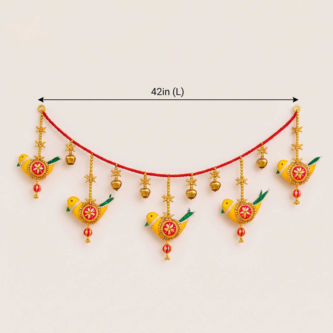 42 Inch | Handcrafted Chidiya Gota Patti Bird Motif Silk Toran with Pearls & Ghungroo