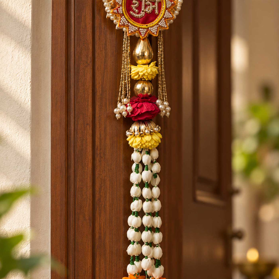 2 Pc | Handmade Shubh Labh Sola Wood Flower Wall Hangings With Pearl Ring & Jasmine Bud Strands