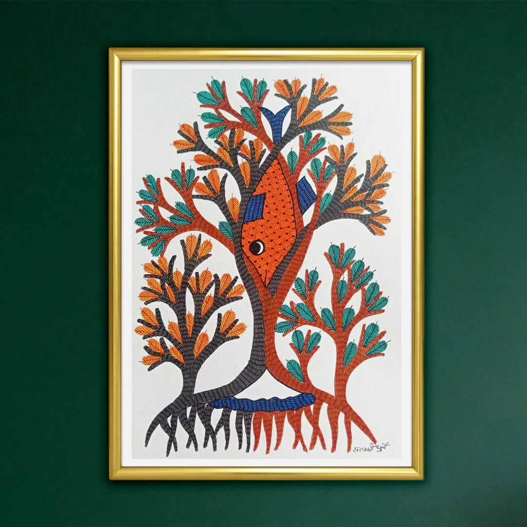 11 x 16 Inch | Fish Among Trees | Original Hand Painted Tribal Gond Art Painting | Acrylic Paint On Paper