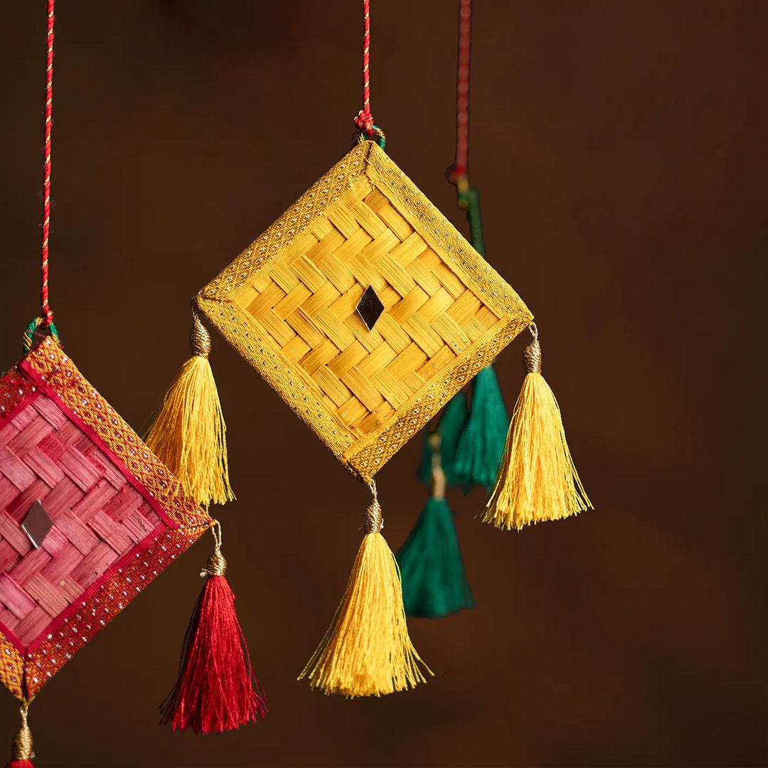 Kite Mirror Embellished Eco-Friendly Handmade Woven Bamboo Hanging | 6 x 2 Inch | Set Of 3