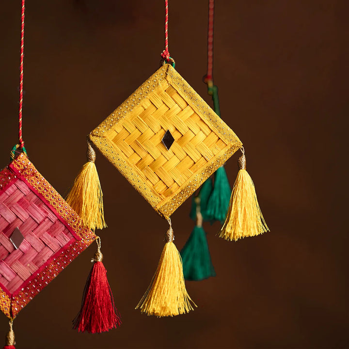 Kite Mirror Embellished Eco-Friendly Handmade Woven Bamboo Hanging | 6 x 2 Inch | Set Of 3