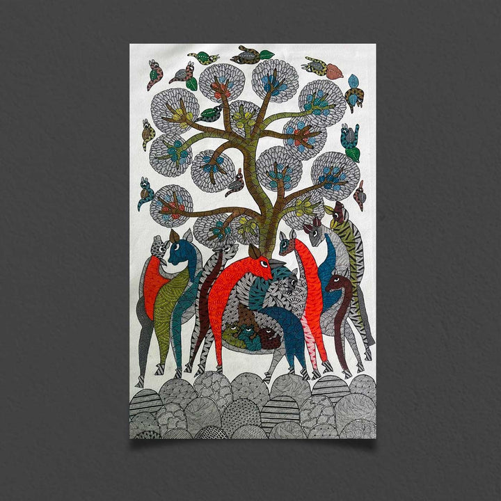 24 x 36 Inch | Shelter of the Wild | Original Hand Painted Tribal Gond Art Painting | Acrylic Paints On Paper