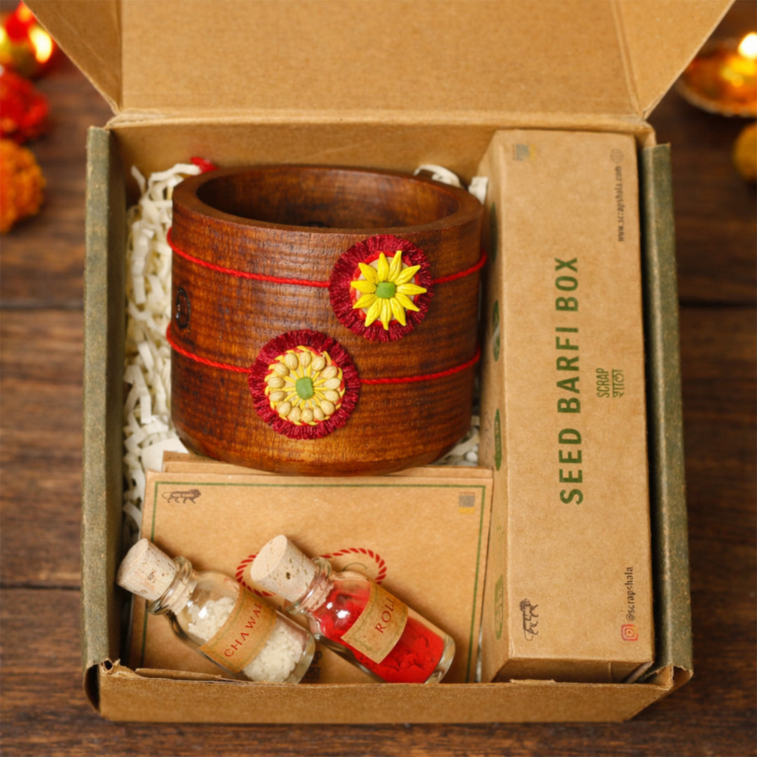 Plantable Akkad-Bakkad Seed Rakhi Set With Wooden Planter & Roli-Chawal For Brother | Set of 2