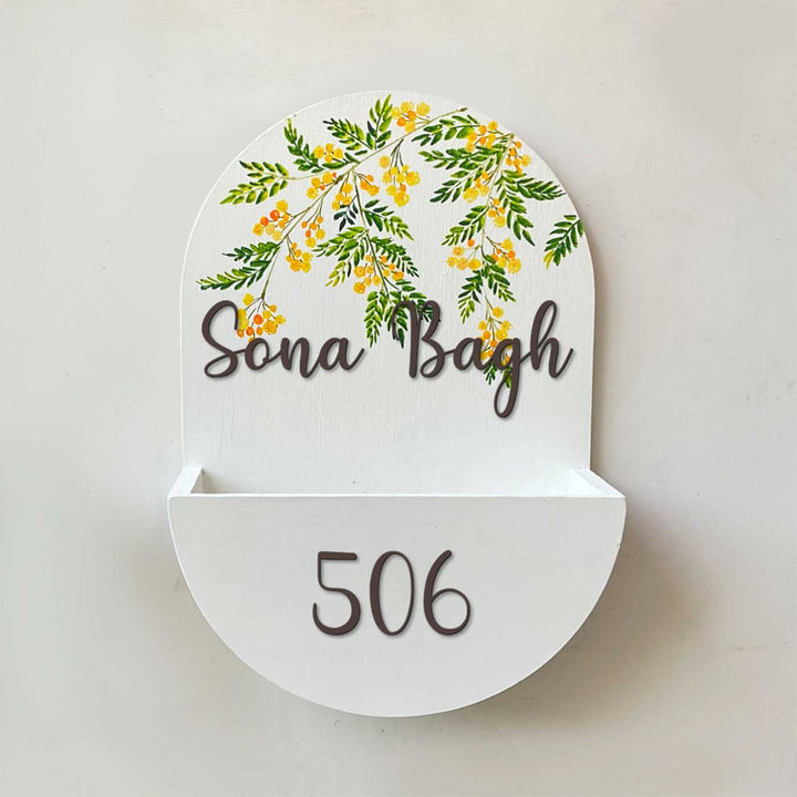 Personalized Handmade Golden Floral Mdf Wood Name Plate - Front View Hanging on Wall