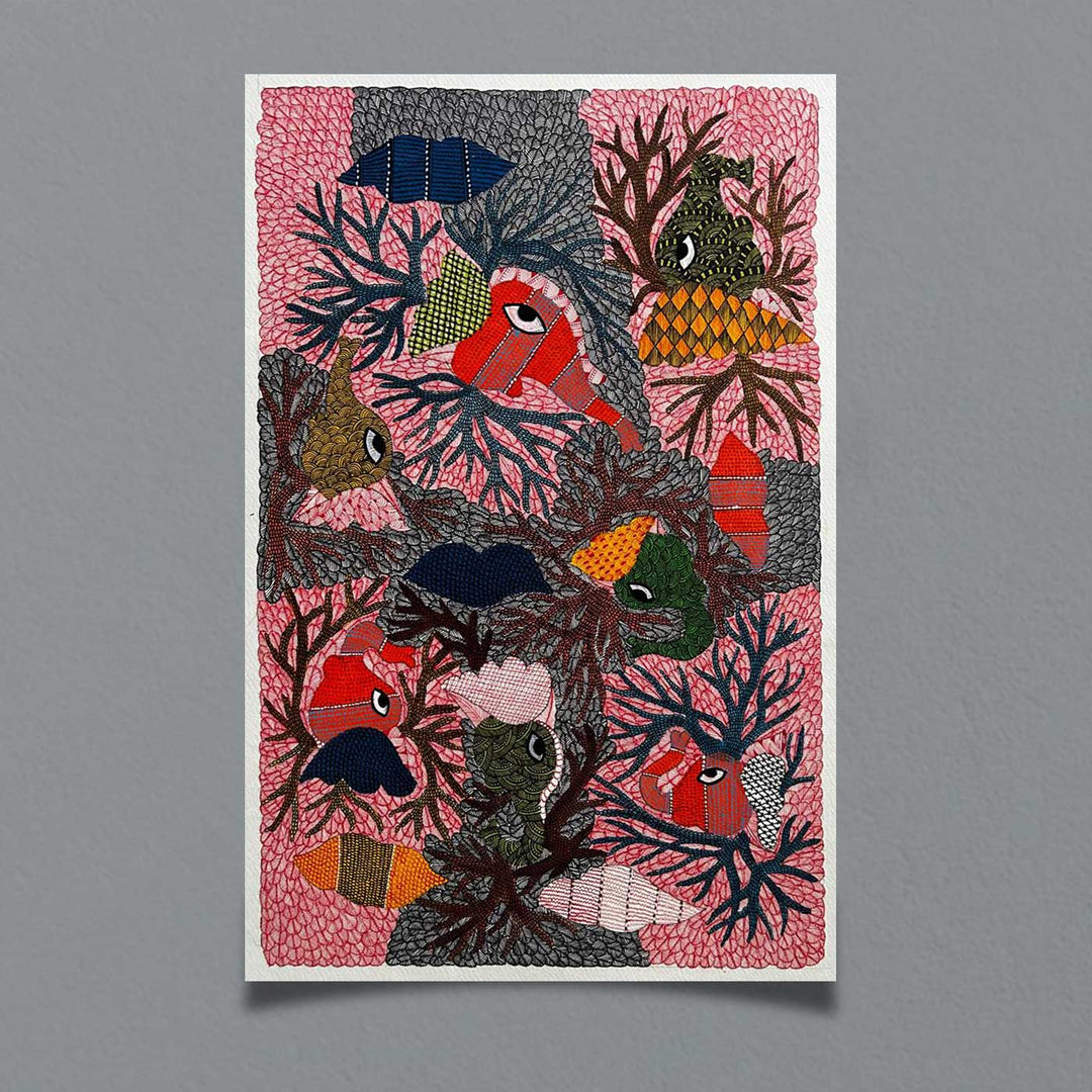 15 x 22 Inch | Fins and Branches | Original Hand Painted Tribal Gond Art Painting | Acrylic Paints On Paper
