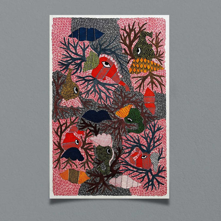 15 x 22 Inch | Fins and Branches | Original Hand Painted Tribal Gond Art Painting | Acrylic Paints On Paper