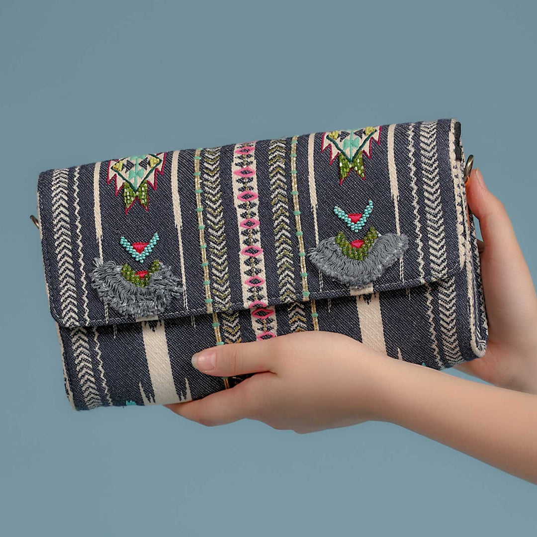 Handmade Embroidered Grey Color Jacquard Sling Bag