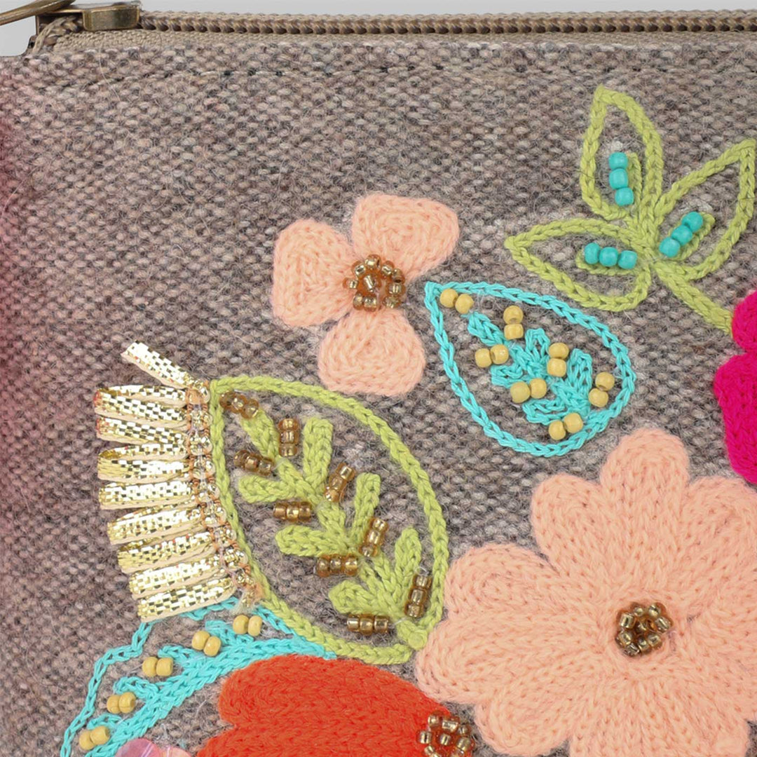 Handmade Embroidered Beige Color Jacquard Pouch