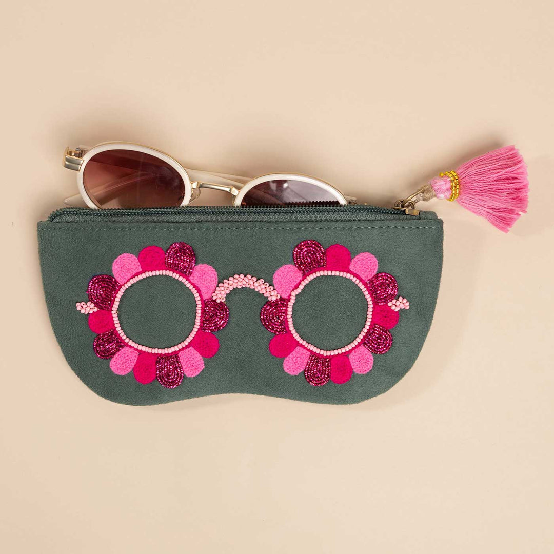 Handmade Embroidered Clara Pink Design Suede Sunglass Cover
