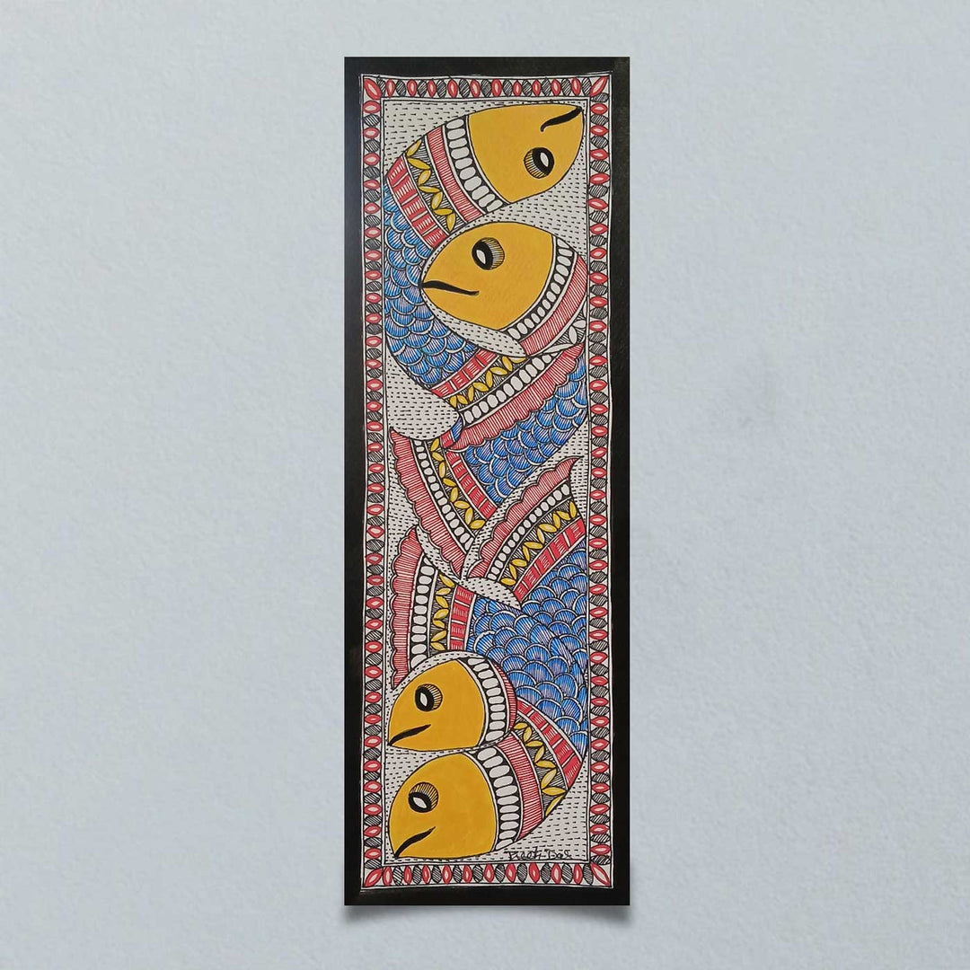 16 x 6 Inch | School Of Fish | Original Hand Painted Madhubani Painting | Acrylic Paints On Paper