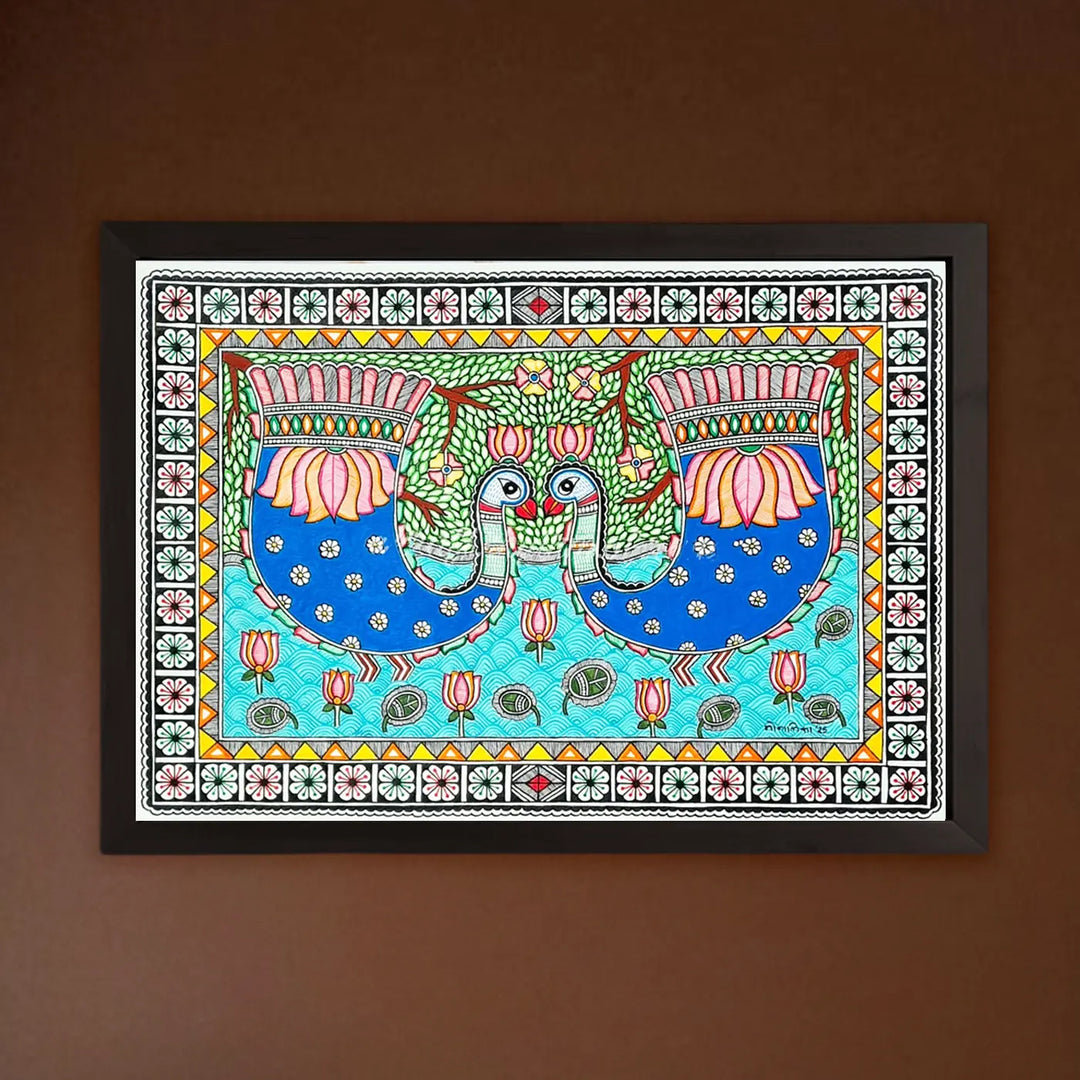 11 x 16 Inch | Duo Dancing In Bloom | Original Hand Painted Madhubani Painting On Paper