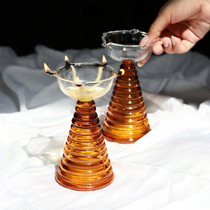 Handmade Amber Tall Borosil Glass Oil Lamp / Diya | 5.9 inch