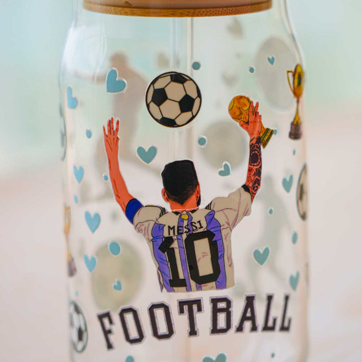 Cute Printed "Messi" Theme Glass Tumbler With Straw For Kids