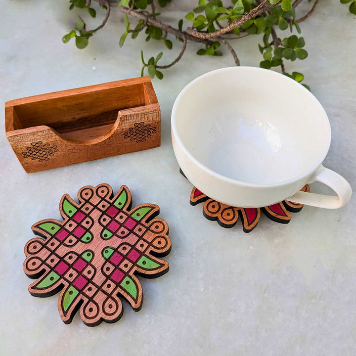 2 pc | Hand-Painted Engraved Mahogany Wood Floral Kolam Coasters With Holder For Coffee Table & Dining Decor