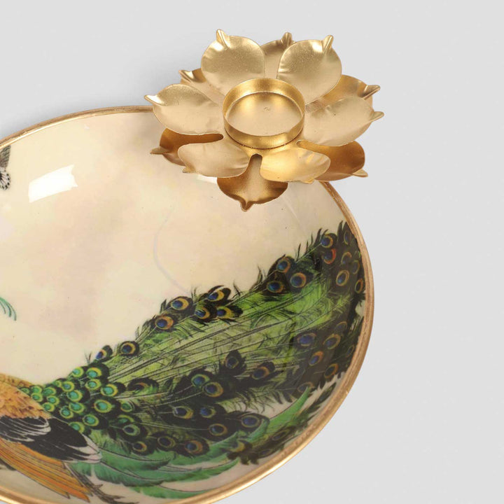 Handmade Green Meena Enamel Peacock Urli With Floral Tealight Holder For Festive Decor