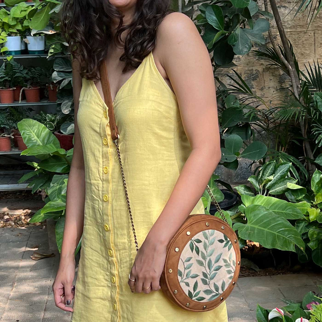 Personalized Embroidered Leafy Tan Stud Round Sling Bag