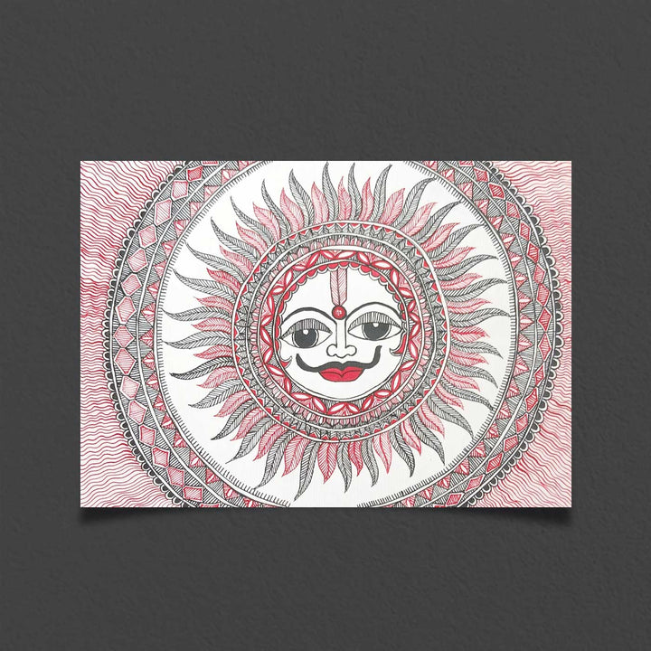 11 x 8 Inch | The Radiant Guardian Sun | Original Hand Painted Madhubani Painting | Nib Ink On Paper