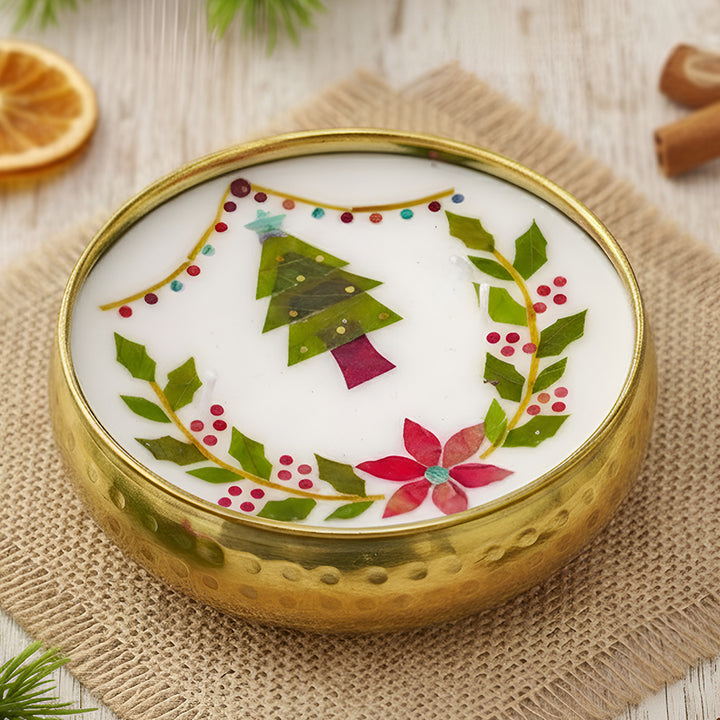 4 Inch | Handmade Pressed Flower Xmas Tree & Holly Theme Brass Candle | Packed in a Gift Box
