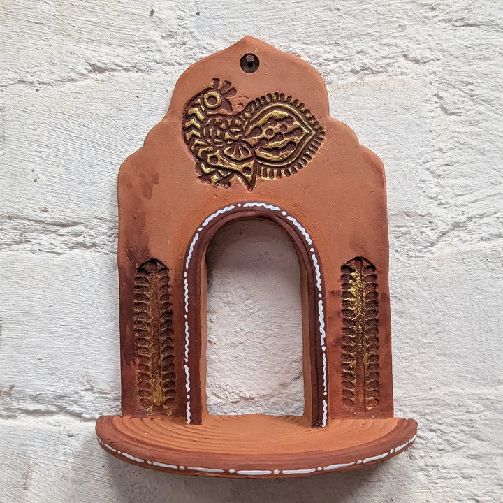 Hand-Painted Peacock Motif Natural Terracotta Tealight Holder