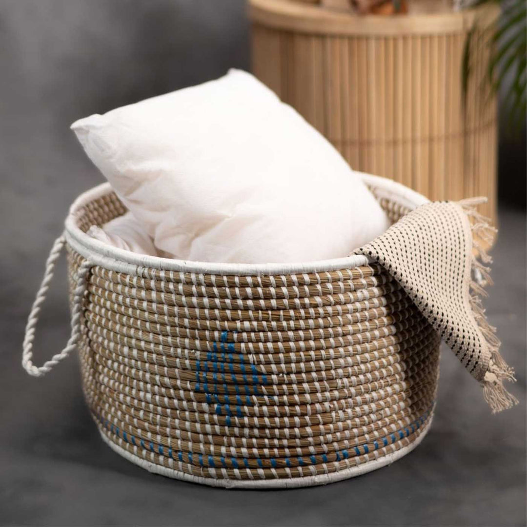 Handmade Ecofriendly Grass Woven Blue Diamond Design Moonj Storage Basket