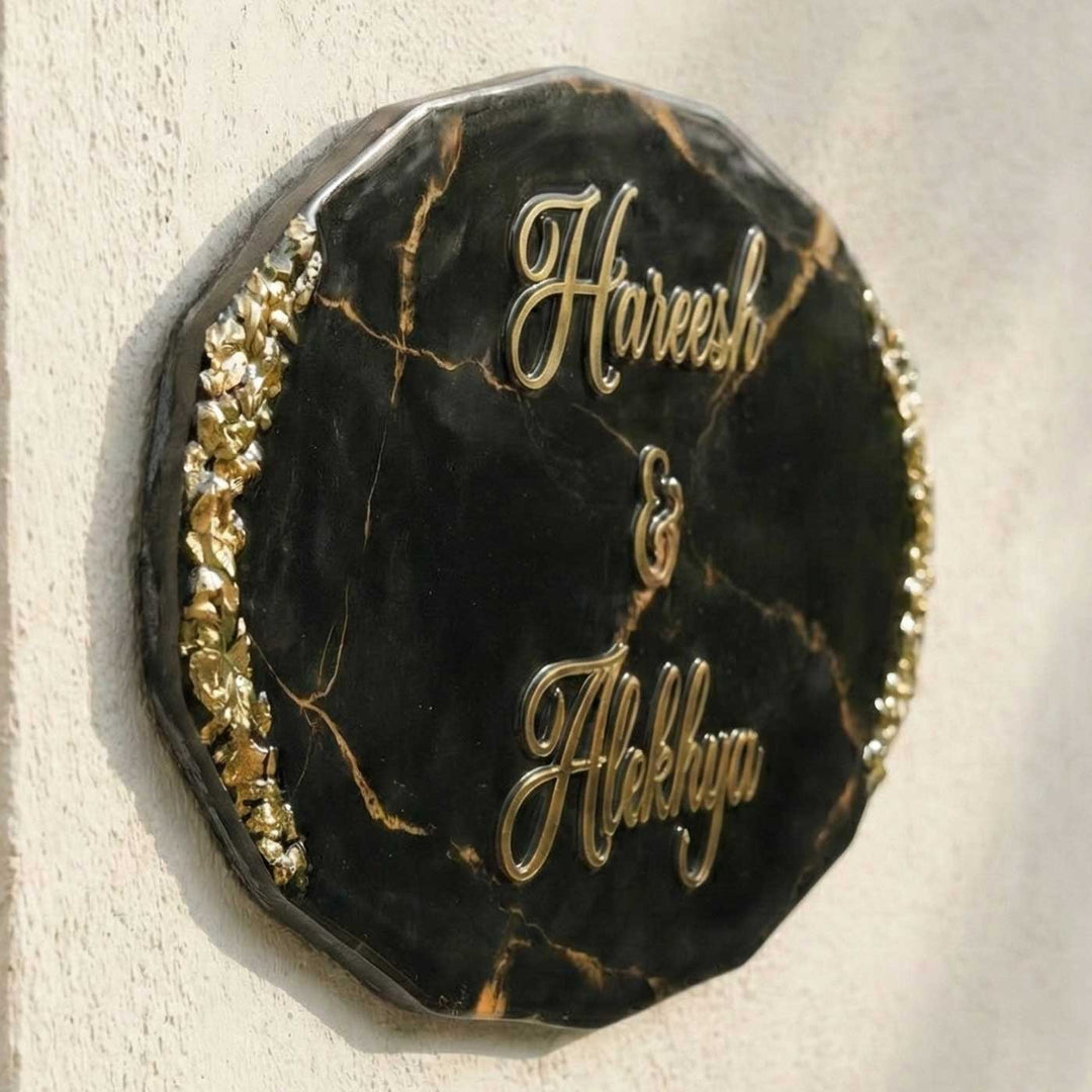 Personalized Oval Black & Gold Resin Name Plate For Couples