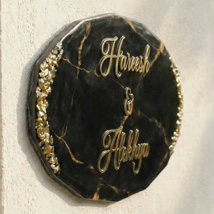 Personalized Oval Black & Gold Resin Name Plate For Couples