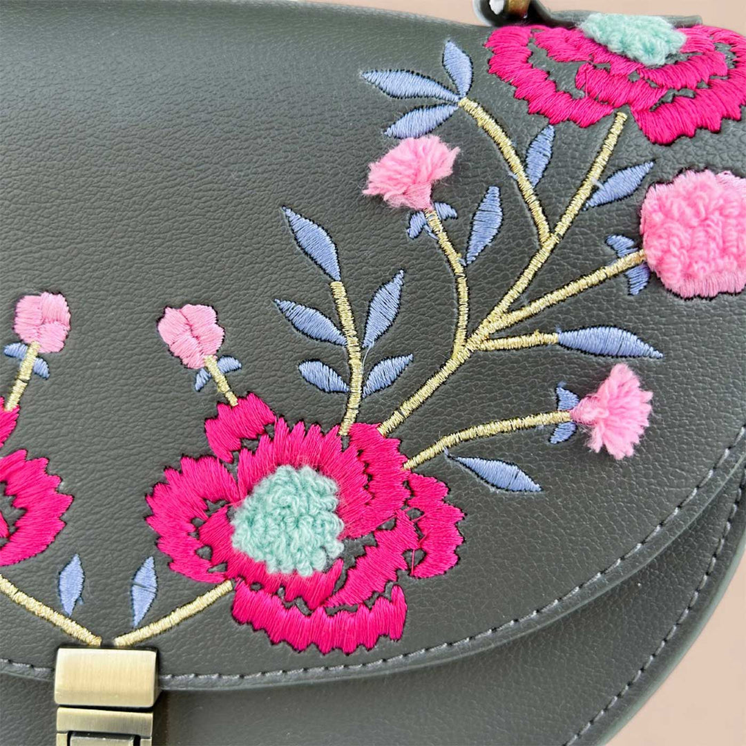 Handmade Embroidered Flower Design Black Rexine Sling Bag