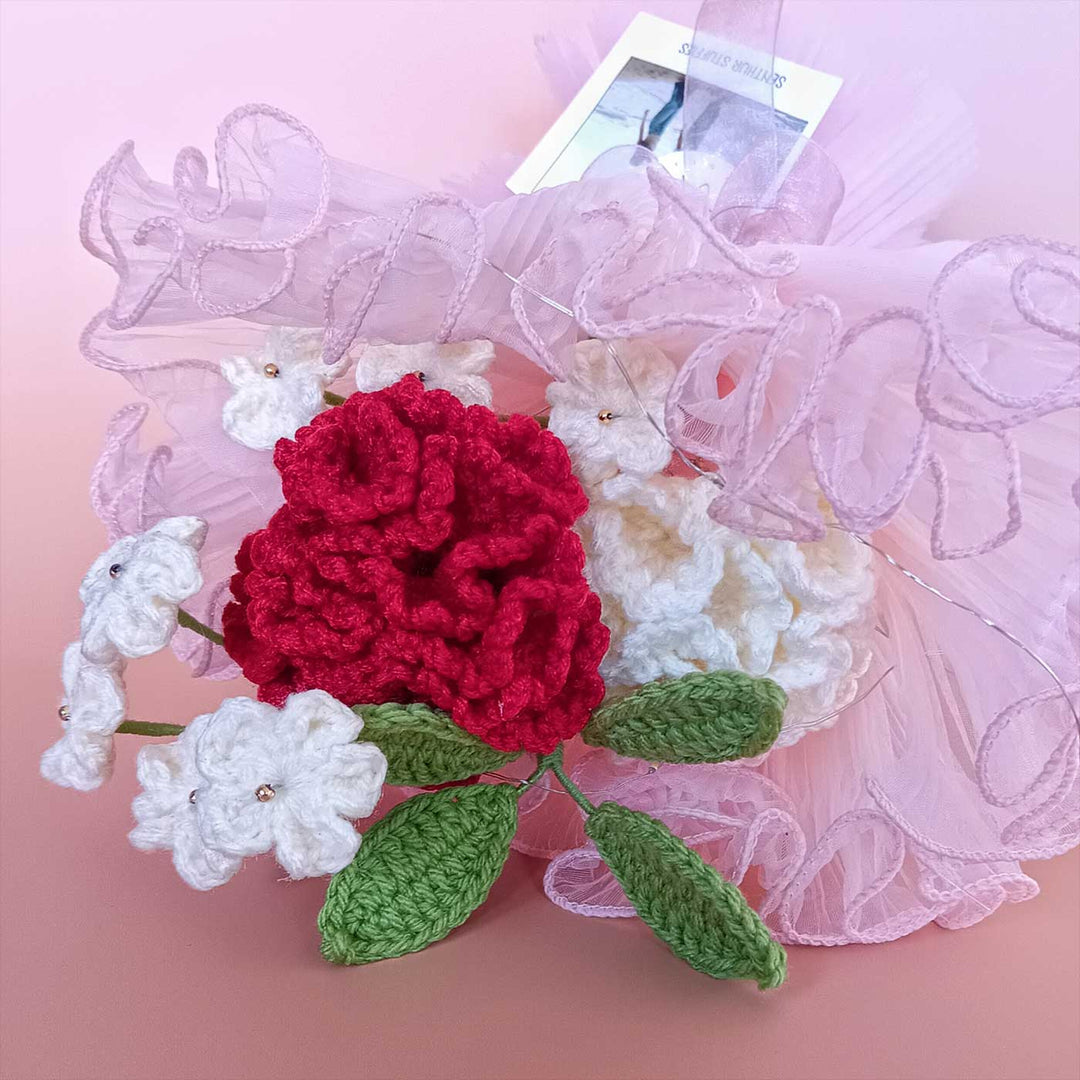 Handmade Crochet Terracotta Pot Flower Bouquet With Lights | Includes Photo & Greeting Card