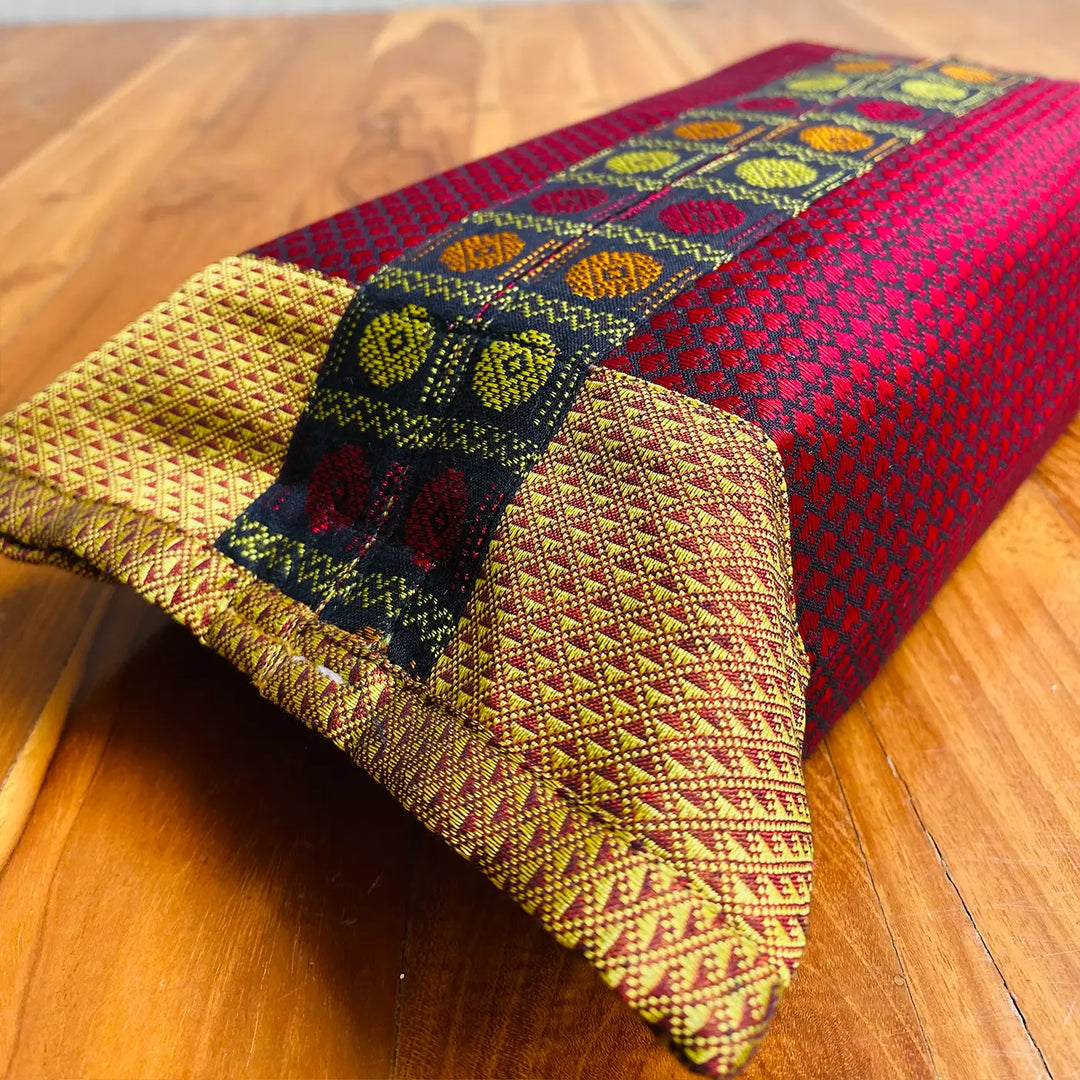 Handmade Red & Gold Rudraksha Design Khunn Fabric Cotton Tissue Box Cover