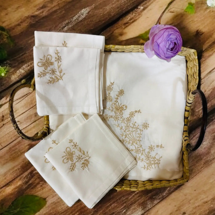 Hand Embroidered Butterfly Theme Chikankari Cotton Napkin | Set Of 4