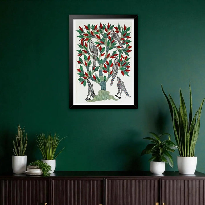 16 x 23 Inch | Birds On Tree | Original Hand Painted Tribal Gond Art Painting | Acrylic Paint On Paper