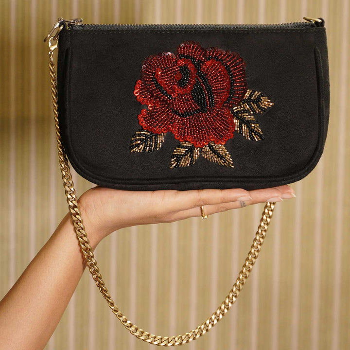 Hand Embroidered Rosette Black Baguette Bag