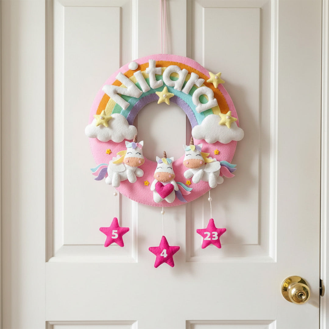 Hand-stitched Pastel Rainbow & Unicorn Themed Round Felt Kids Name Plate for Child