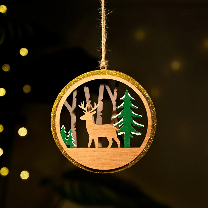 Laser Cut Reindeer & Xmas Tree Wooden Ornament For Christmas Decoration