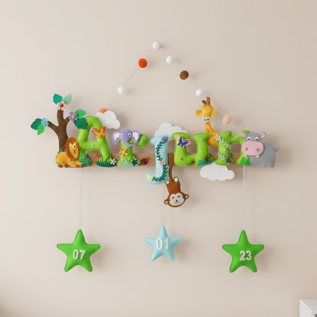 Handcrafted Personalized Jungle Animal Felt Nameplate for Kids
