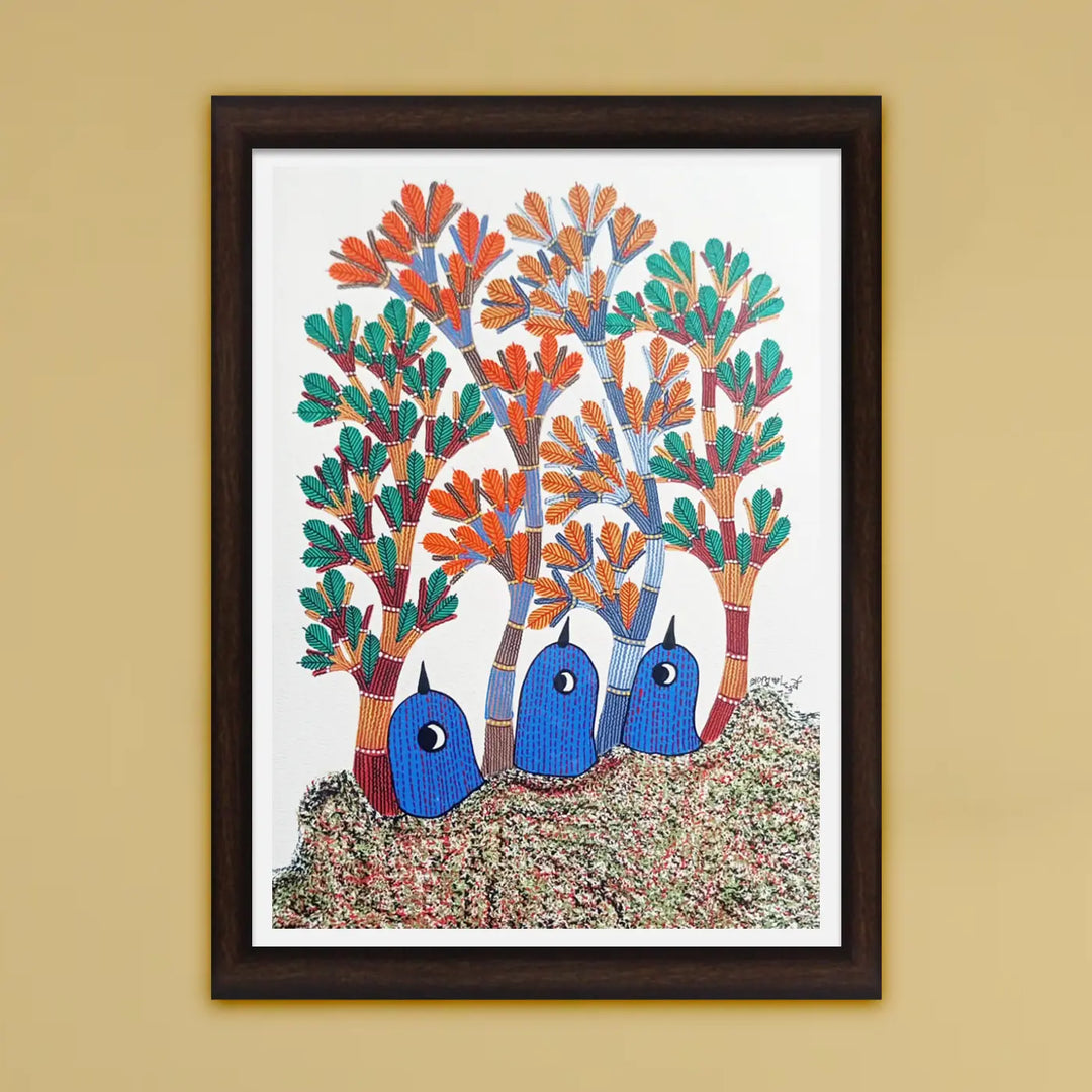 11 x 16 Inch | Blue Birds Under Trees | Original Hand Painted Tribal Gond Art Painting | Acrylic Paint On Paper